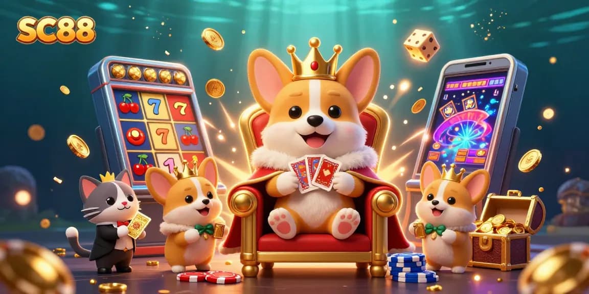 SC88 highlights an royal corgi king on poker chips, showcasing a lively casino atmosphere with slot machines.