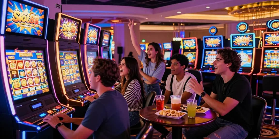 Suasana kasino yang ramai dengan mesin slot gacor, teman-teman bersenang-senang bermain Slot88.
