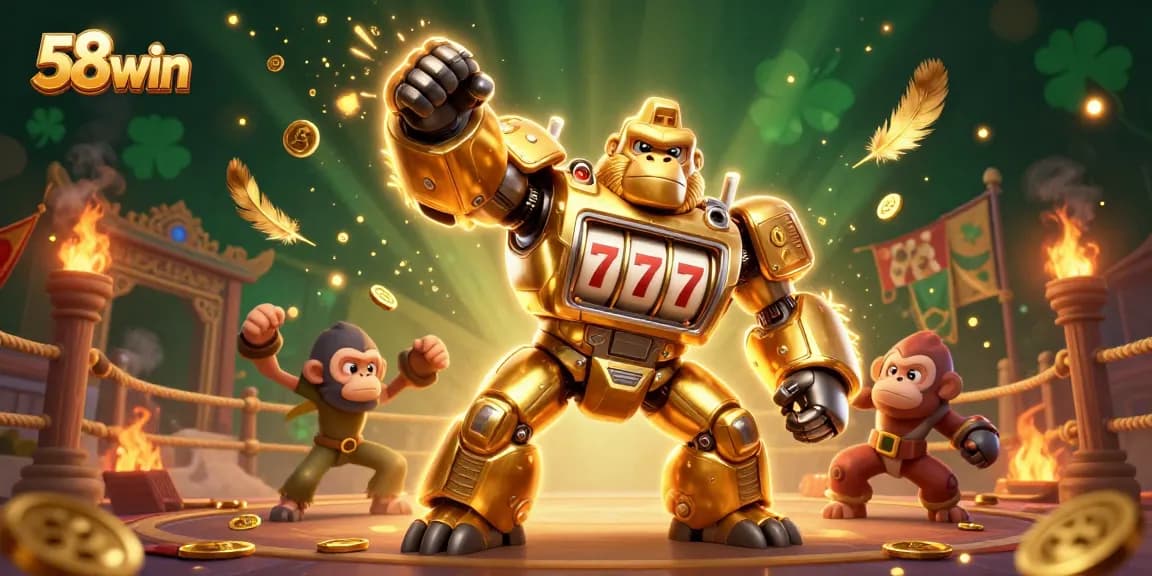 58win transforms gaming with a golden gorilla mech in an energetic casino scene.