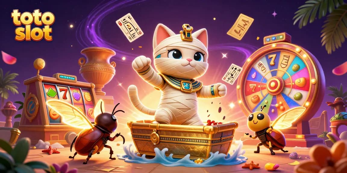 Experience the thrill of toto slot with a dynamic casino scene featuring a mummy cat and golden elements.