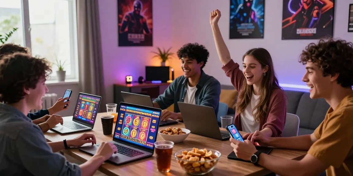 Exciting ngamenjitu gaming scene with friends playing online lottery games, showcasing vibrant atmosphere.