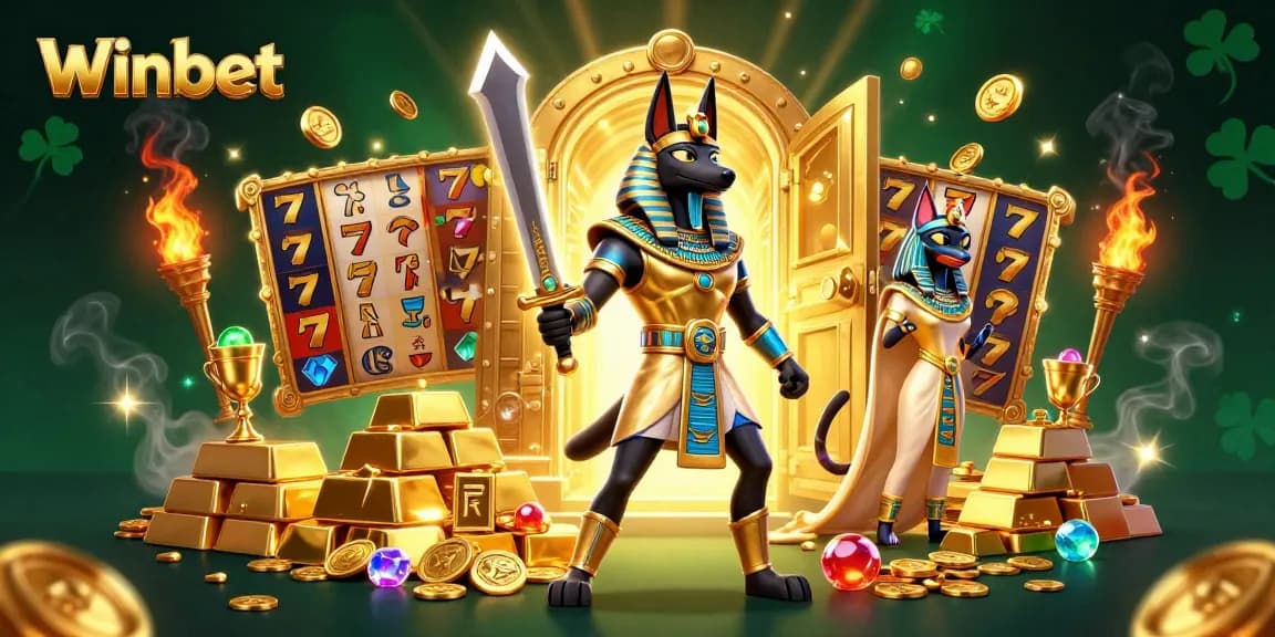 Winbet showcases an exciting scene with Anubis and Bastet surrounded by slot reels and treasures, capturing the thrill of gambling.