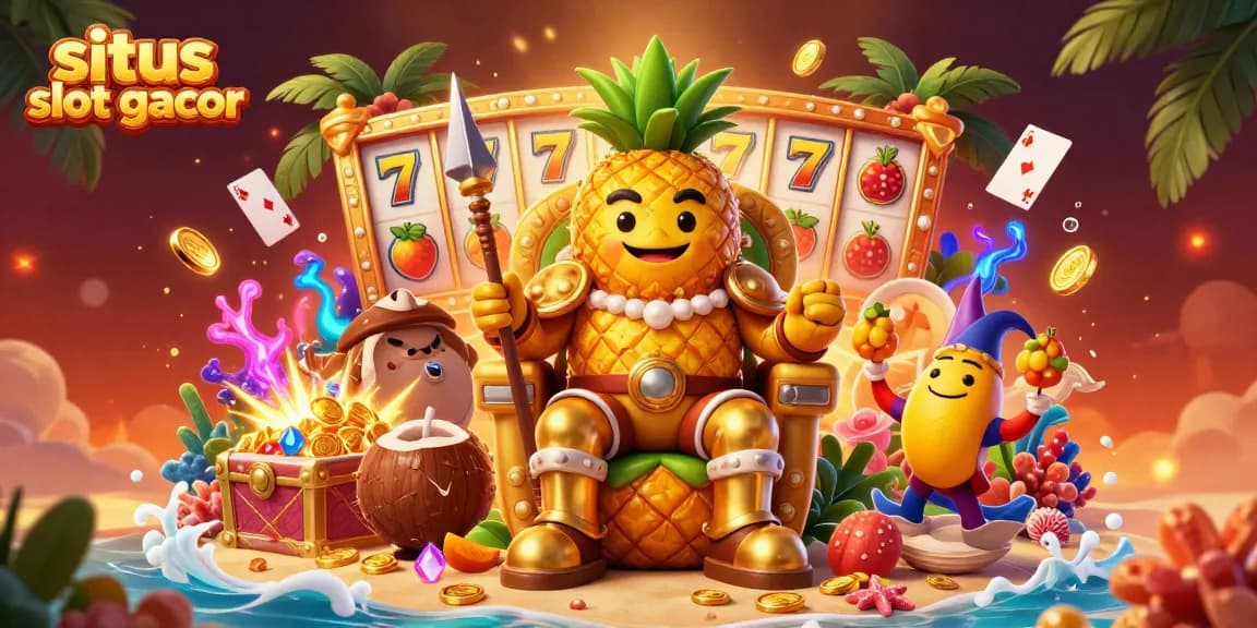 situs slot gacor showcases a vibrant casino scene with a pineapple king and lively gaming elements.