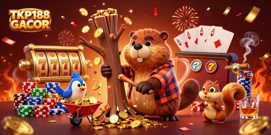 Win at TKP188 GACOR with a beaver chopping a tree raining coins, set in a vibrant casino atmosphere.