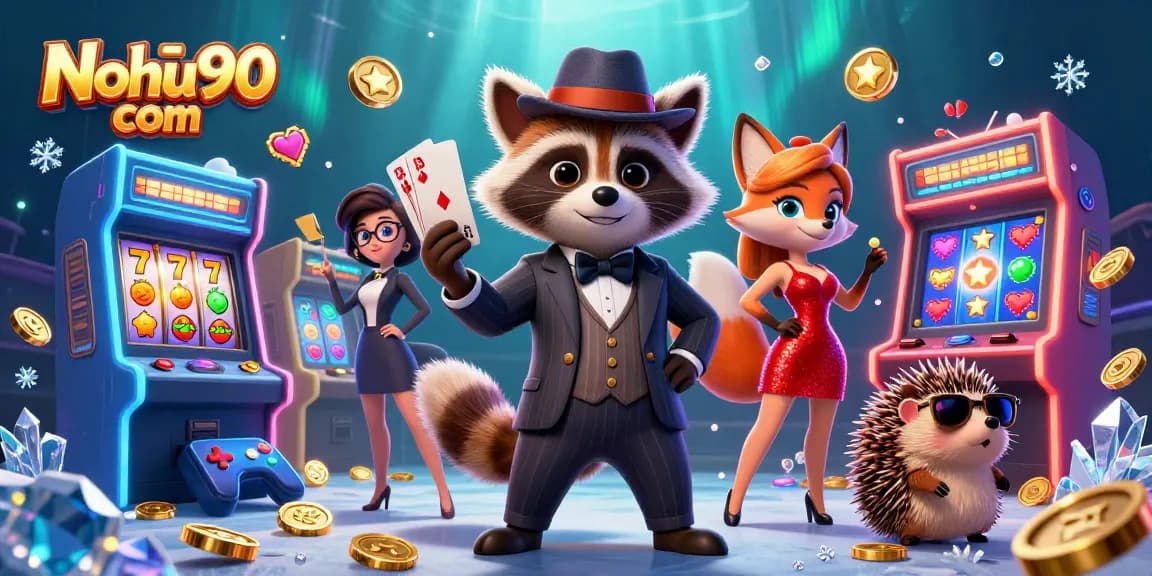Nohu90 com showcases an exciting slot game scene with a suave raccoon and friends, creating vibrant casino energy.