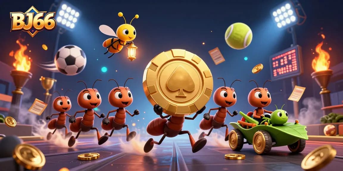 Experience the thrill of BJ66 as cartoon ants pull off a heist with golden poker chips in a vibrant casino setting.