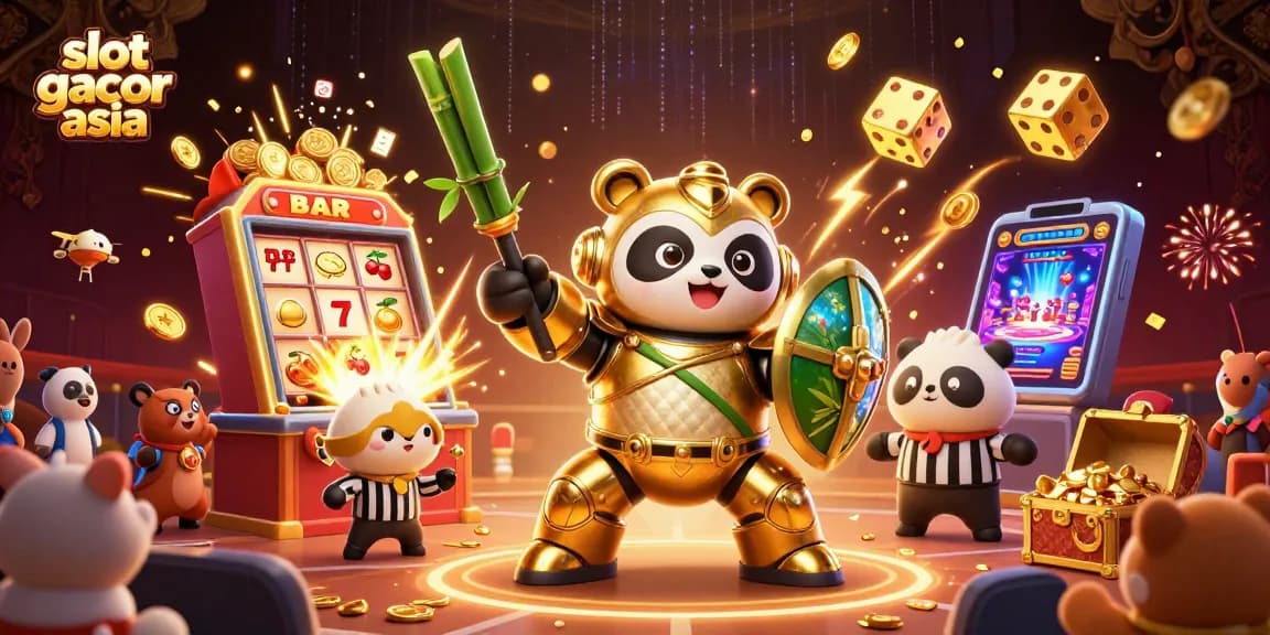 Memainkan slot gacor asia dengan panda emas dalam pertarungan slot bertema kasino.