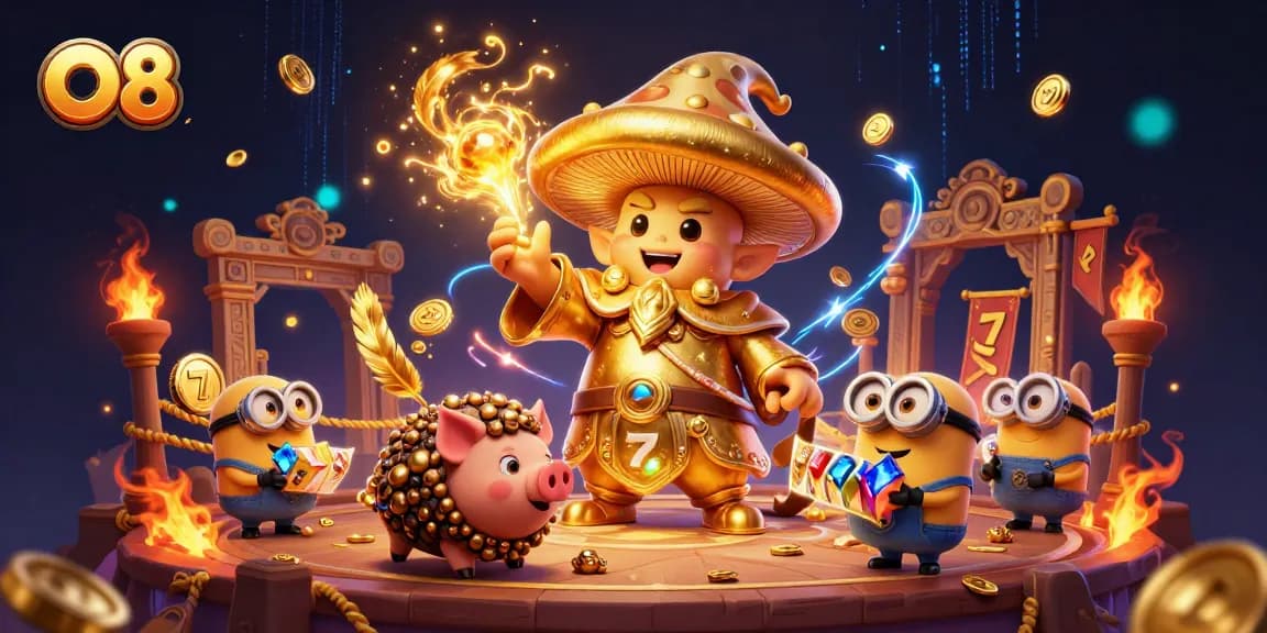 Experience thrilling gameplay at O8 with magical illustrations of a golden wizard, treasure, and slot reels.