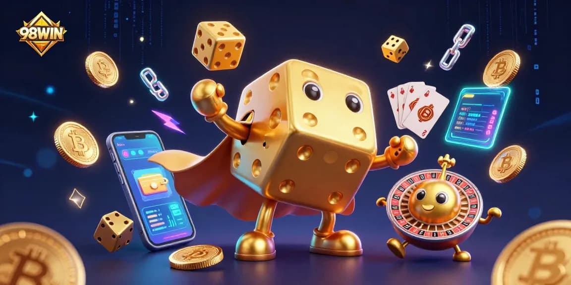 Try your luck with 98WIN's exciting gaming elements featuring golden dice and cryptos.