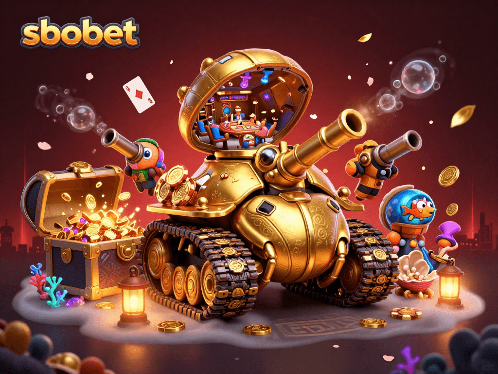Engage sbobet betting with a vibrant 3D casino scene featuring golden beetle tank and winning elements