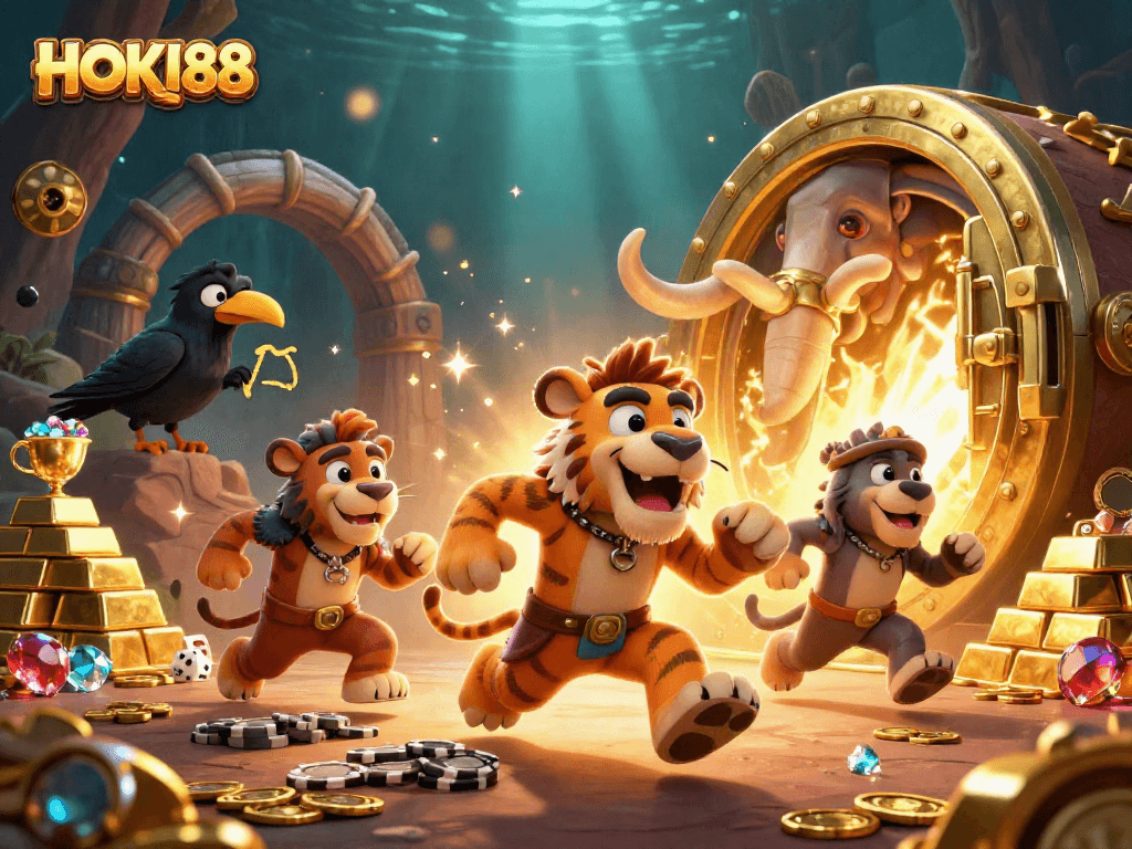 Join the action at HOKI88 with a vibrant prehistoric casino scene filled with treasures and excitement.