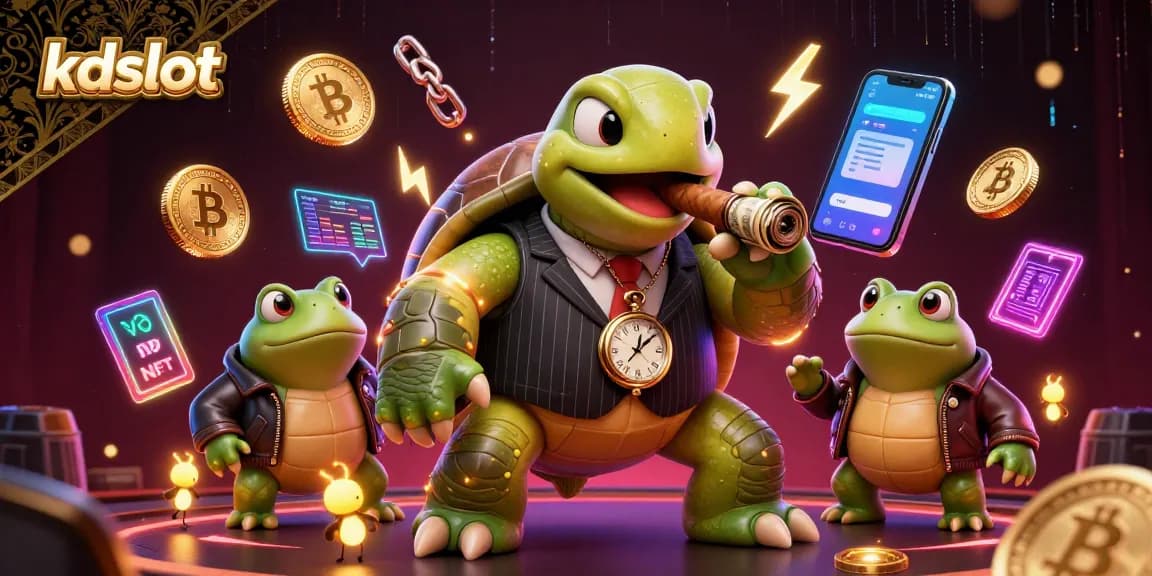 KDSlot features a vintage mobster turtle and bullfrog enforcers in a vibrant casino scene, engaging in thrilling gaming.