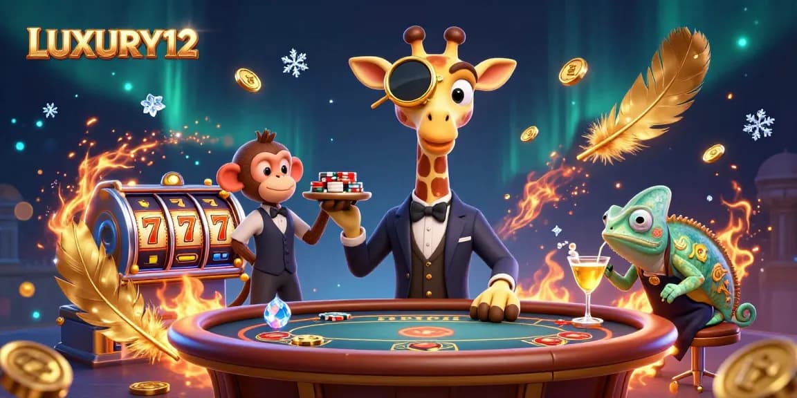 LUXURY12 offers high-stakes gaming with a striking giraffe and vibrant casino elements.