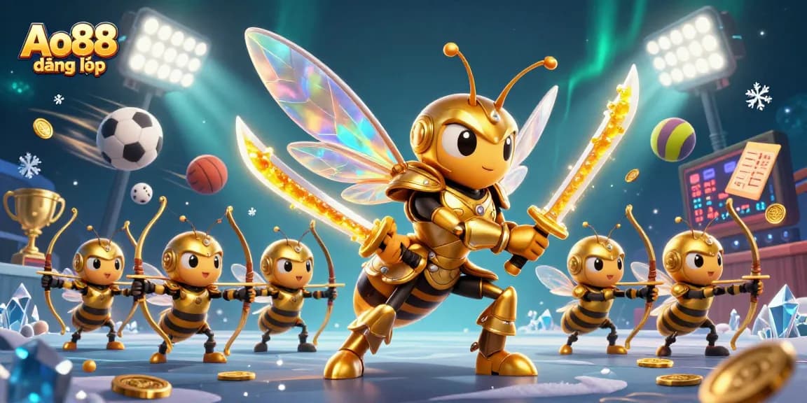 Ao88 đăng nhập with golden hornet samurai and bee archers celebrating a victory in a vibrant casino scene.