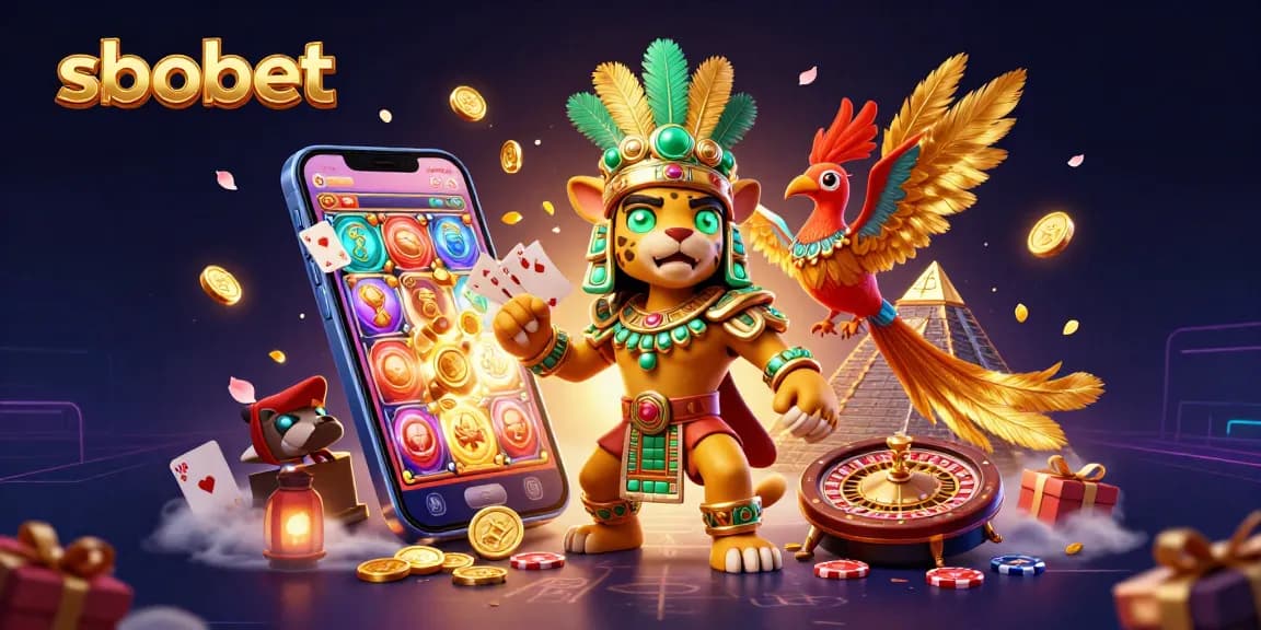 Engage with sbobet betting strategies in the vibrant 3D illustration of a Mayan priest and casino icons.