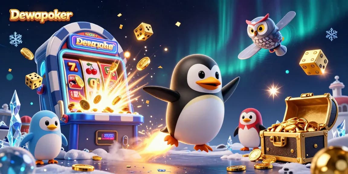 Dewapoker offers a dynamic gaming experience with a golden penguin, slot machines, and casino elements.