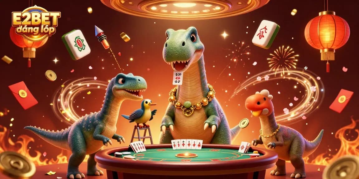 Experience E2BET đăng nhập in a vibrant casino scene with animated characters and festive elements.