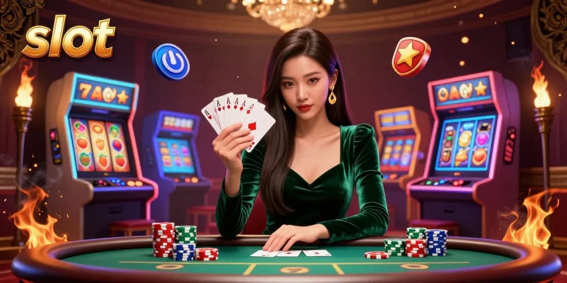 Engaging slot game scene featuring an Asian woman at a poker table surrounded by vibrant game elements.