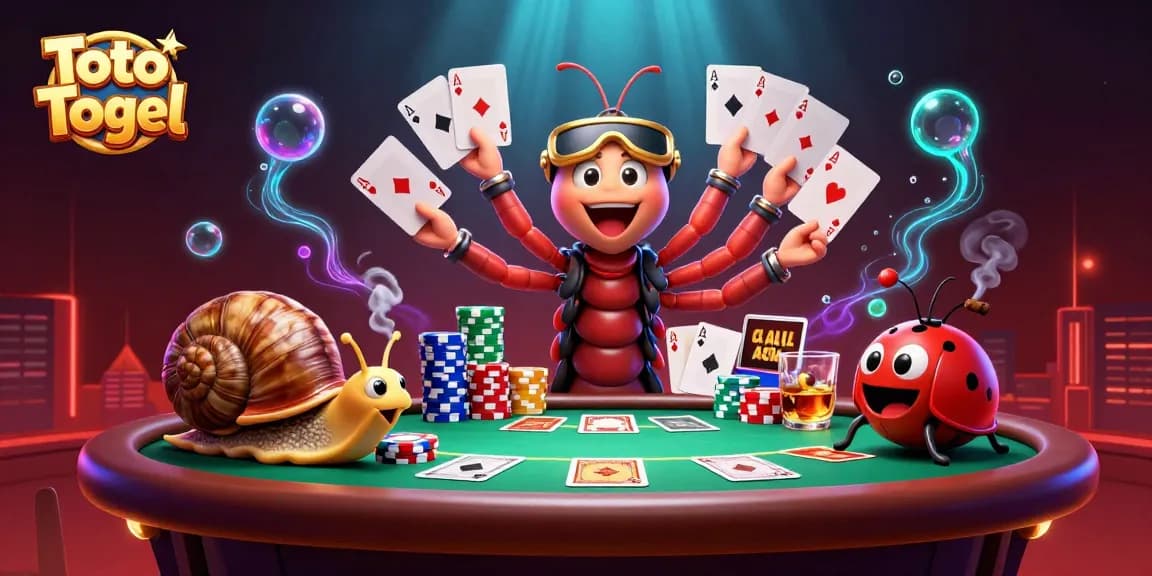Experience Toto Togel excitement with engaging characters at a vibrant poker table surrounded by colorful chips.