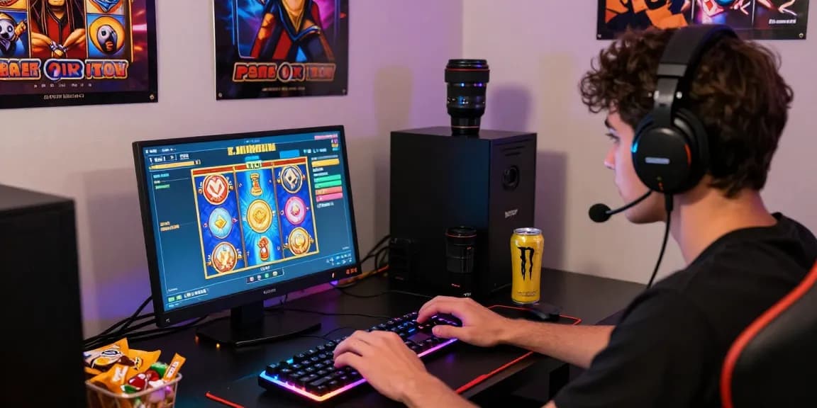 Permainan slot online yang menarik dengan pemain fokus, aksesoris gaming, dan suasana ceria.