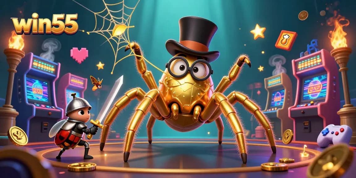 Experience the excitement of win55 as a golden tarantula weaves threads in a vibrant casino setting.