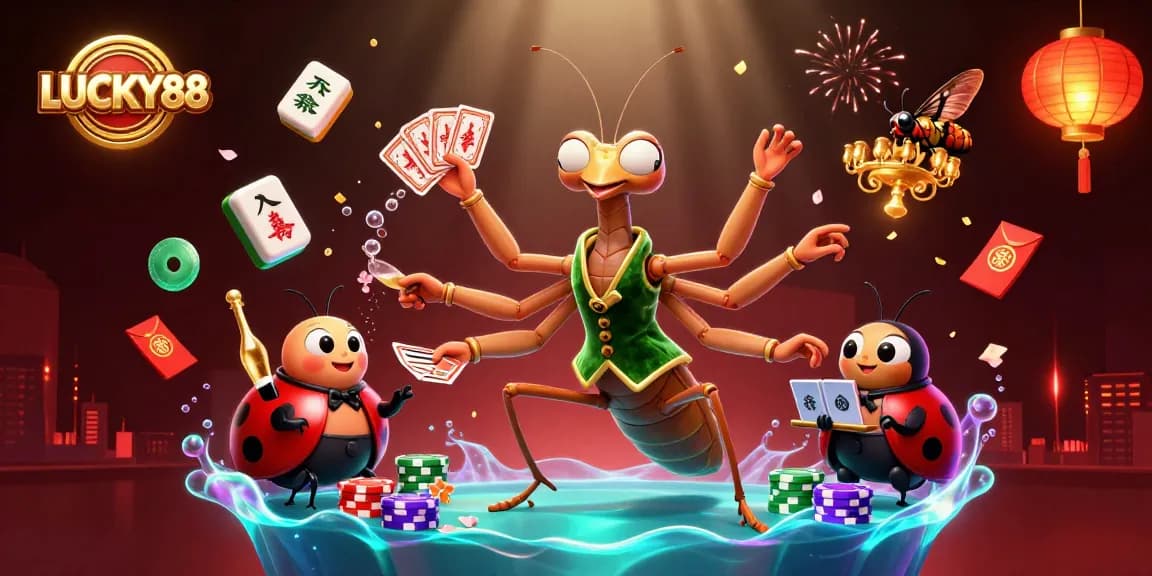 Immerse in LUCKY88 casino magic as a giant mantis deals cards amidst fireworks and festive lanterns.