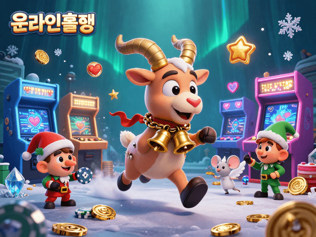 온라인홀덤에서 화려한 게임 기계를 배경으로 세 장면을 구성한 일러스트