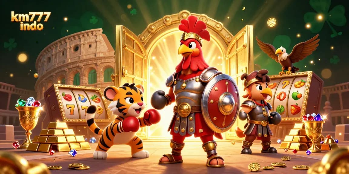 Engage with the vibrant km777 indo slots scene featuring gladiator rooster and treasures.