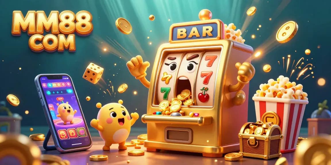 Experience winning moments at MM88 COM with a joyful golden slot machine celebrating jackpots in a vibrant casino scene.