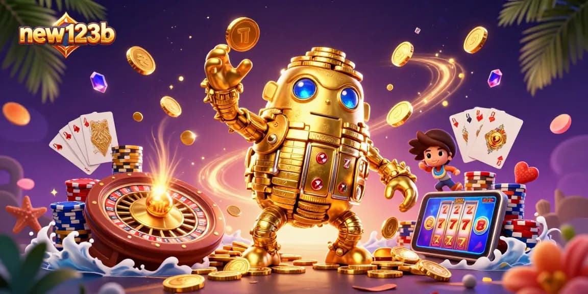 Engage in thrilling games with new123b, featuring a captivating scene of golden golems and casino elements.
