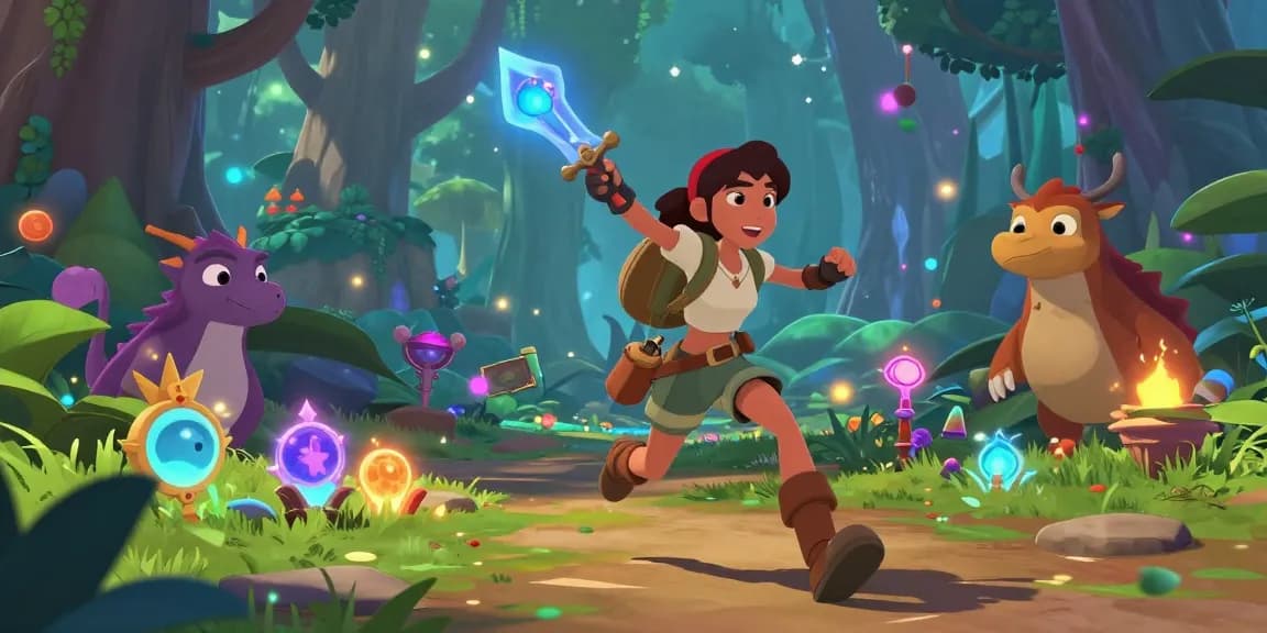 Engaging female protagonist in a vibrant fantasy landscape, exploring magical quests in a female hentai game.