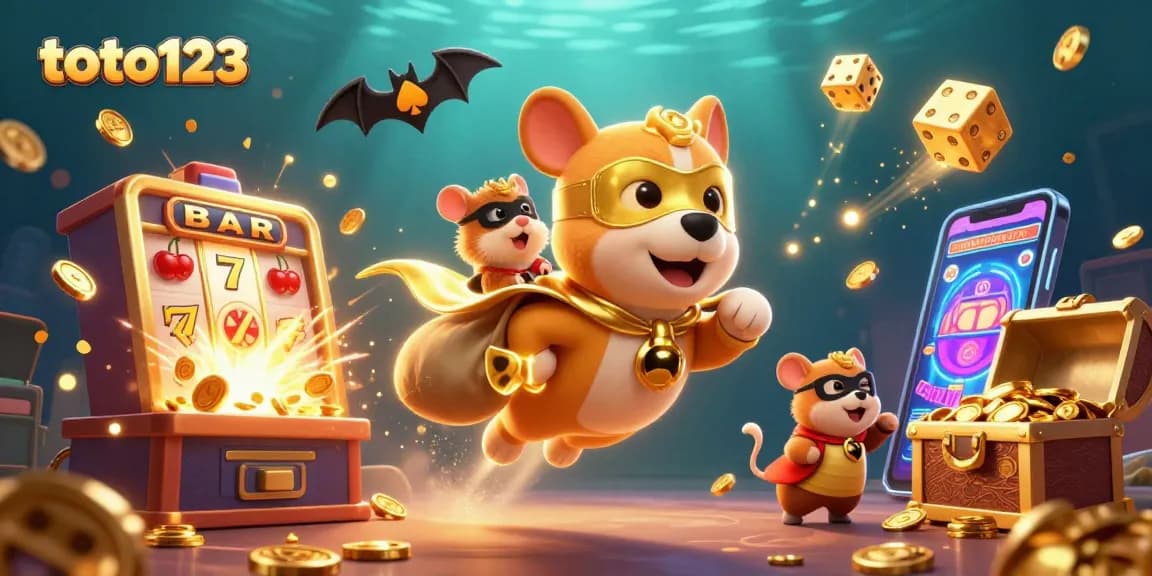 Win big with toto123 in a vibrant casino scene featuring a superhero dog and exciting game elements.