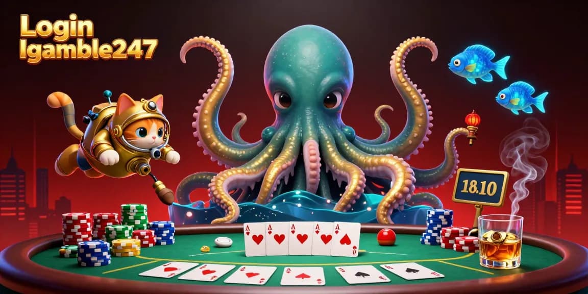 Engage with thrilling games through Login Igamble247 in this vibrant casino scene featuring colorful poker elements.