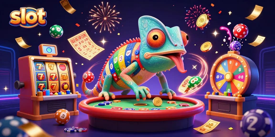 Slot modern dengan karakter chameleon kasino yang menggoda jackpot dan koin emas berlimpah.