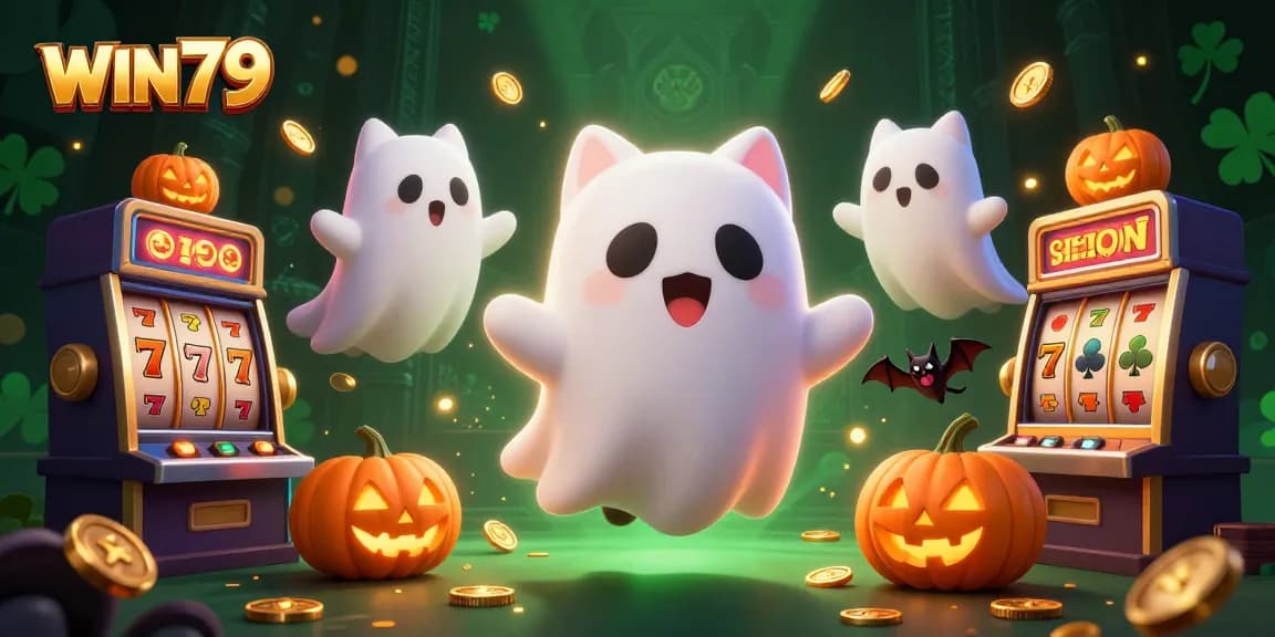 Experience fun gaming moments on WIN79 with a friendly ghost cat and vampire bat in a glowing haunted casino.