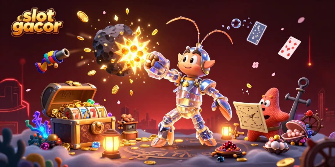 Slot gacor menunjukkan tampilan memukau dengan karakter samurai mantis yang menghancurkan asteroid, dikelilingi harta karun dan simbol permainan slot.
