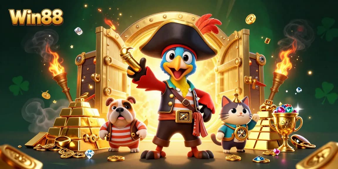 Win88 features a vibrant 3D pirate-themed illustration showcasing casino excitement and adventure.