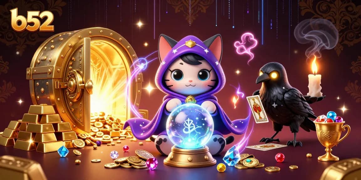 Spin to win with b52 in a vibrant casino scene featuring fortune teller cat and tarot raven.