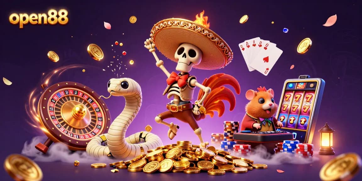Experience thrilling games at open88 with vibrant characters, coins, and casino elements.