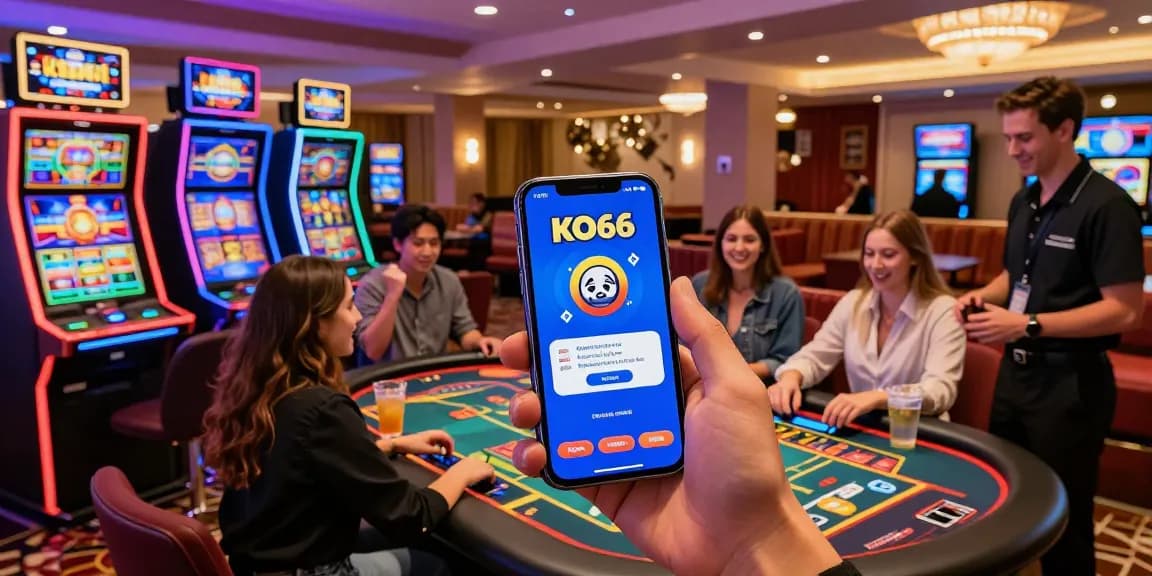 Playful casino scene featuring KO66 app on smartphone with engaged players.