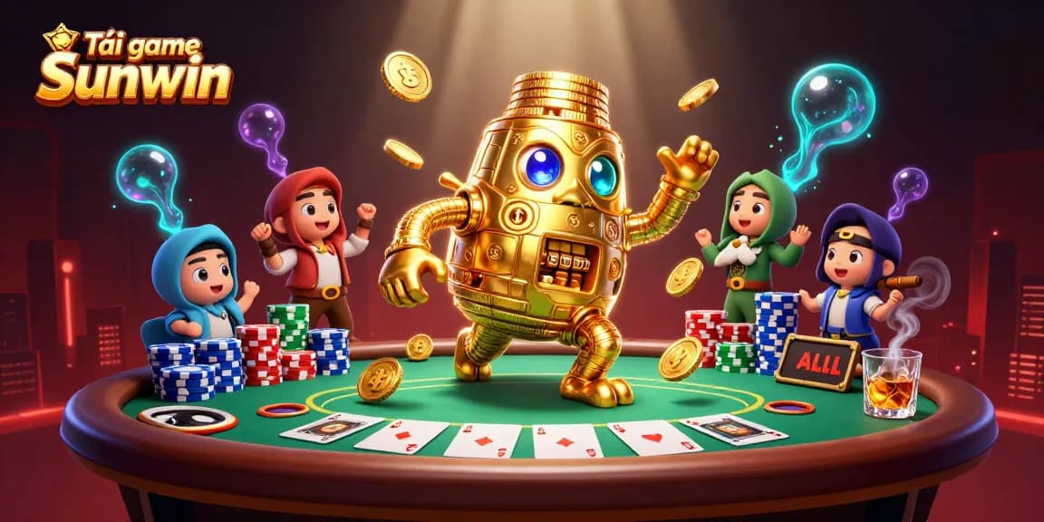 Spin to win big with Tải game Sunwin, featuring an energetic 3D golem surrounded by vibrant casino elements.
