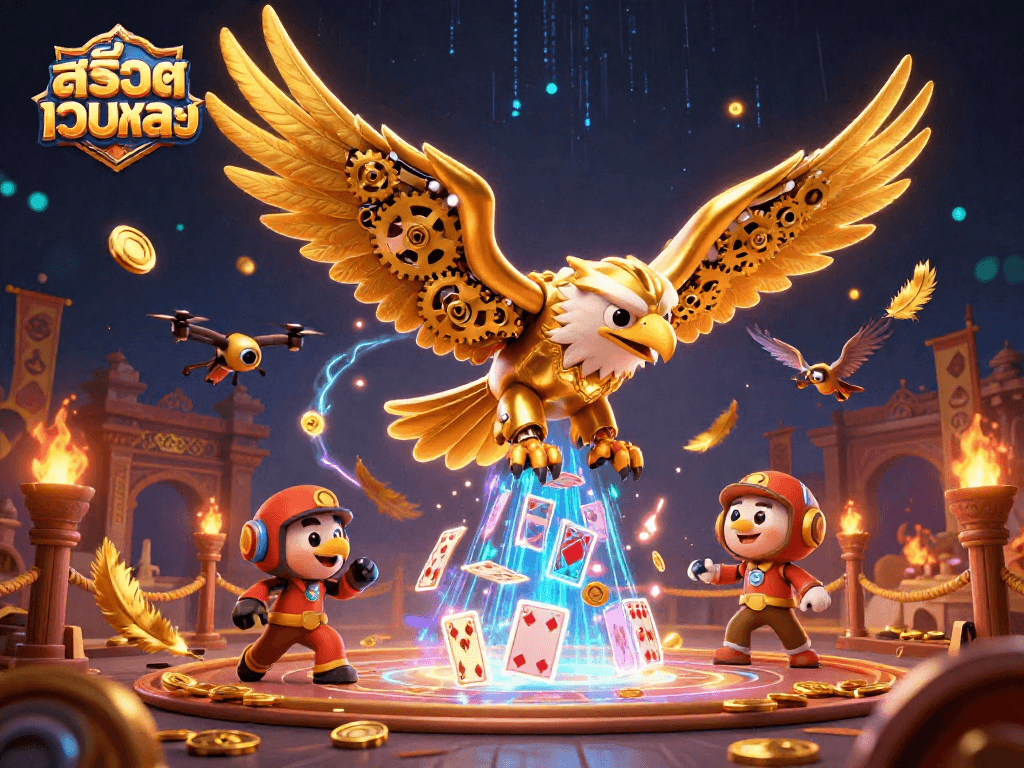 Explore thrilling สล็อตเว็บตรง gaming with dynamic golden eagle illustrations and casino elements.