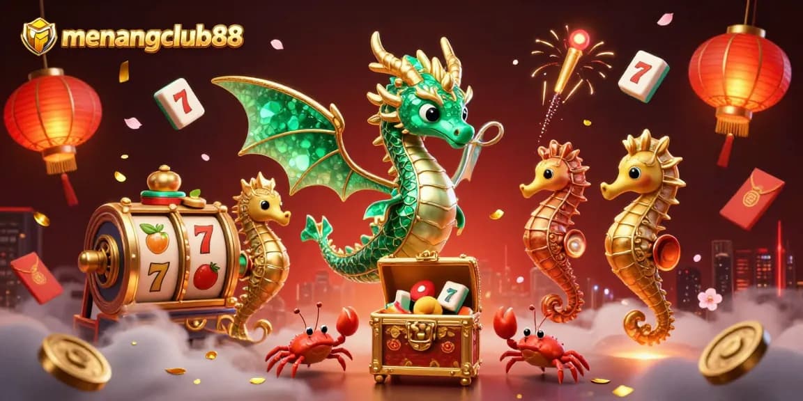 Play at menangclub88 with vibrant 3D casino illustrations featuring exciting slot elements and fantasy characters.