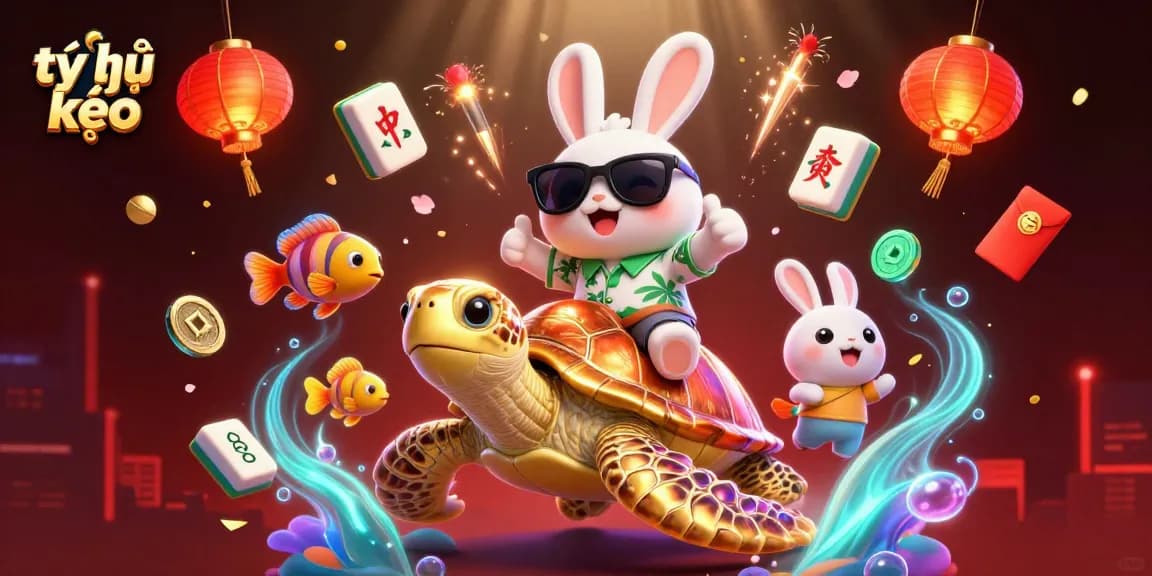 Engage with tỷ lệ kèo in a vibrant online casino atmosphere featuring cartoon rabbit and turtle.