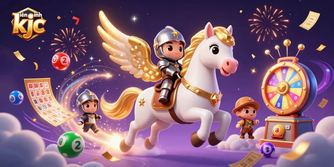 Engage with the thrilling atmosphere of liên minh kjc as a celestial knight rides a white horse amid dynamic lottery elements.