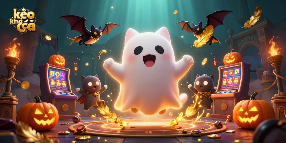 Experience exciting kèo nhà cái action with ghost cat and bat in a haunted casino scene.