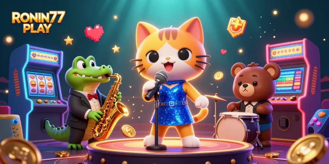 Engage with the vibrant RONIN77 PLAY game universe featuring cartoon characters and exciting casino elements.