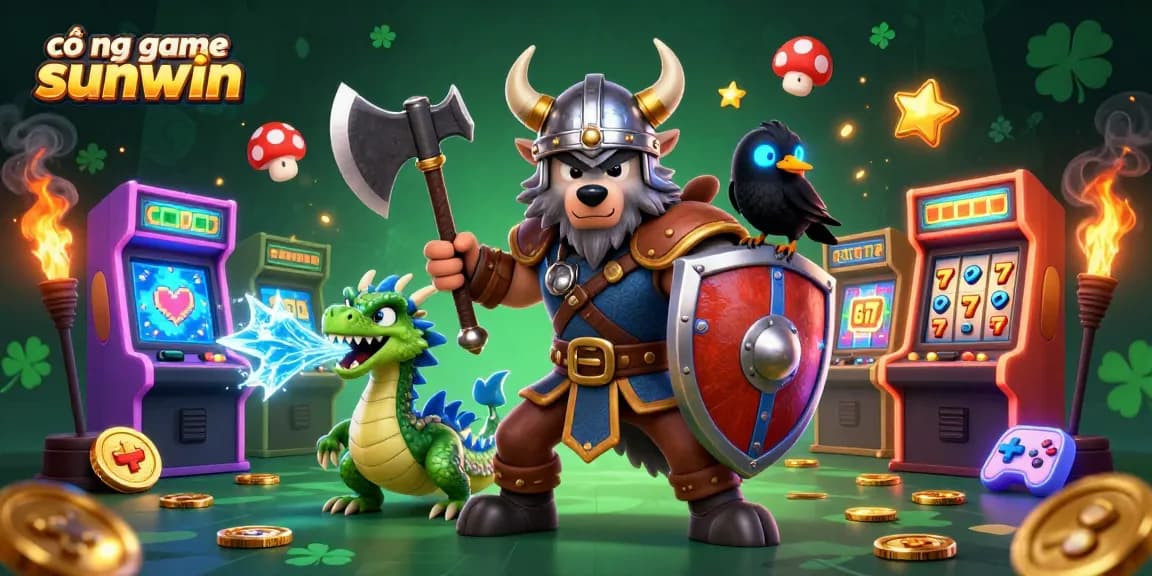 Cổng game sunwin illustrates a Viking wolf warrior with a dragon and raven, surrounded by casino elements.