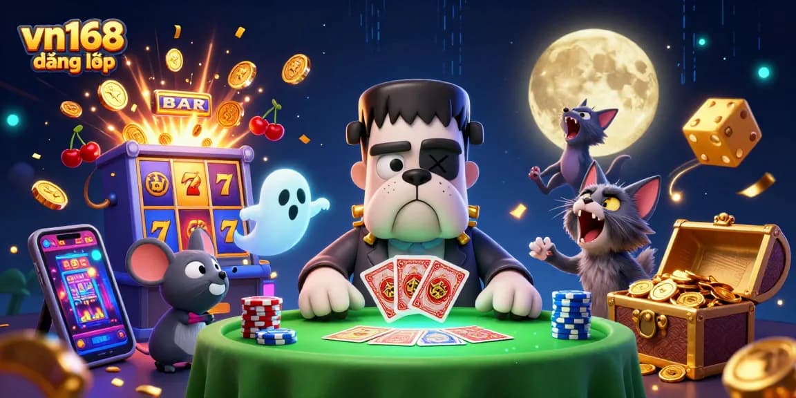 Experience vn168 đăng nhập at a vibrant casino scene with adorable characters, cards, and gold coins.