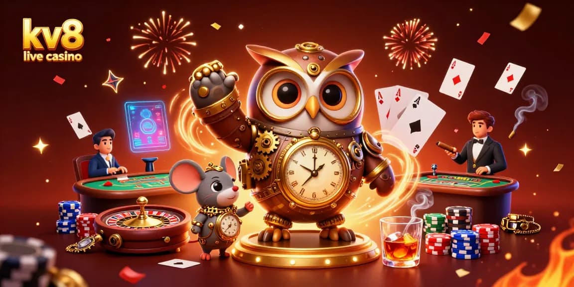 Experience the excitement of kv8 live casino with a vibrant 3D scene of characters and gaming elements.